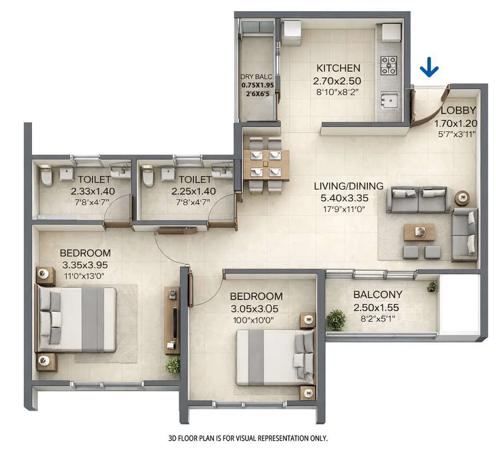 Floor plan for 2 BHK