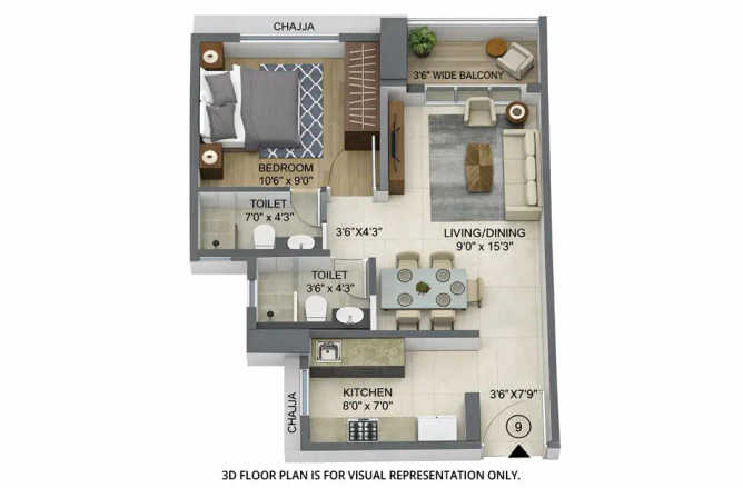 Runwal Lands End Kolshet Road - Floor plan 1 BHK 445 Sq.ft