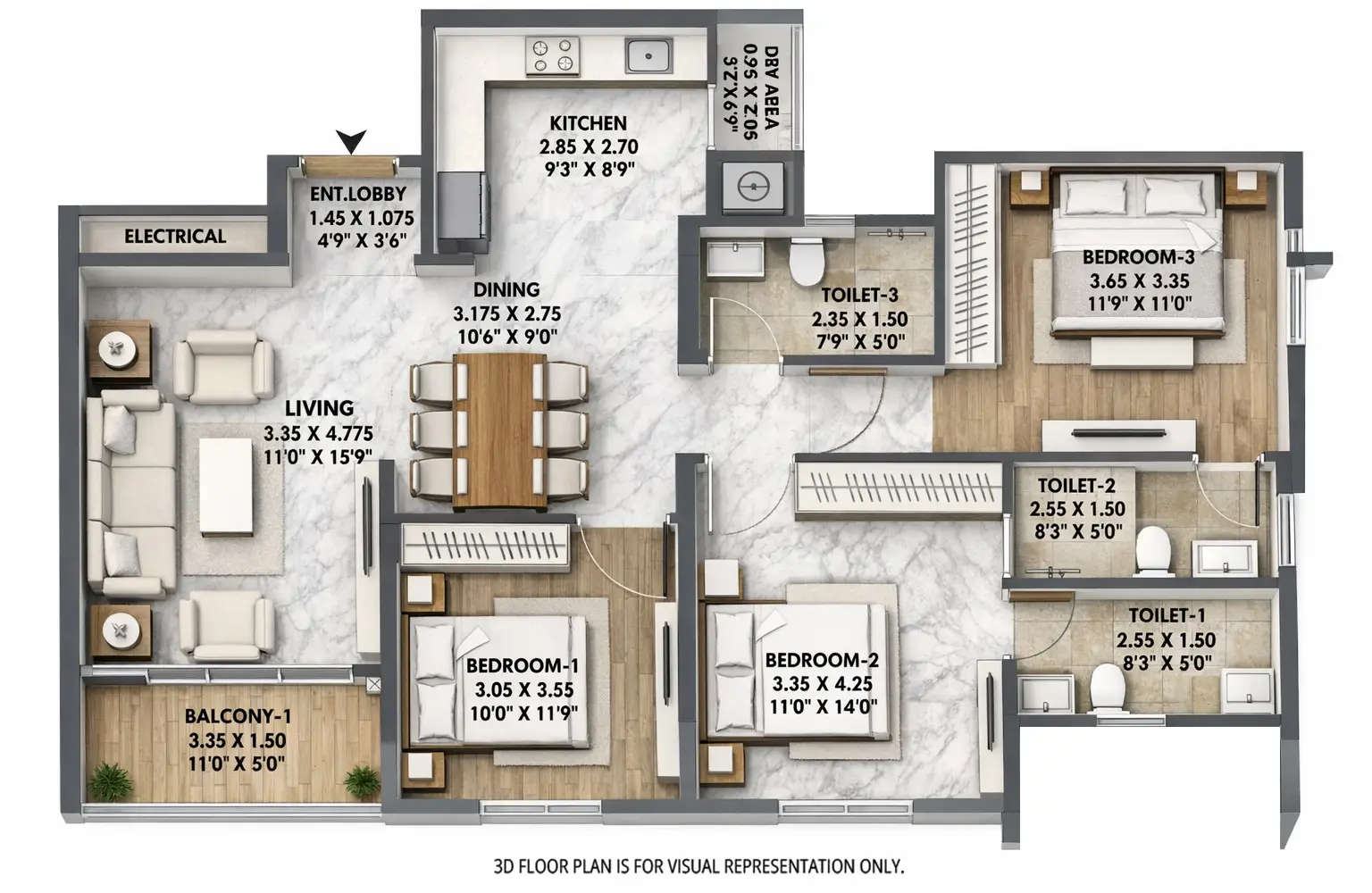 Floor plan for 3 BHK