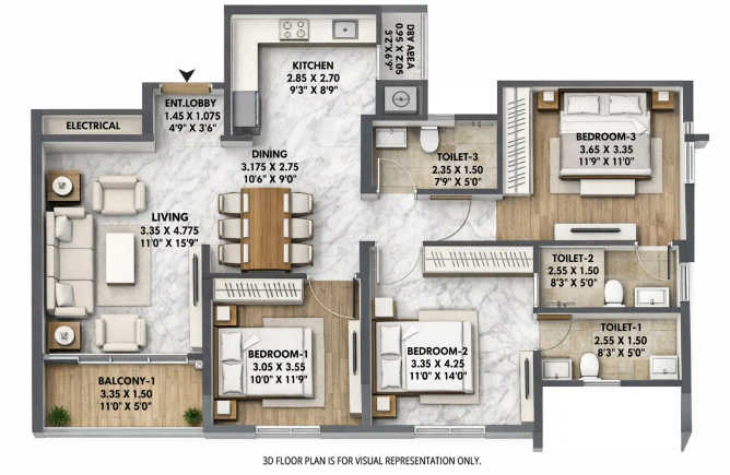 Mantra Meridian Balewadi - Floor plan 3 BHK 1043 Sq.ft