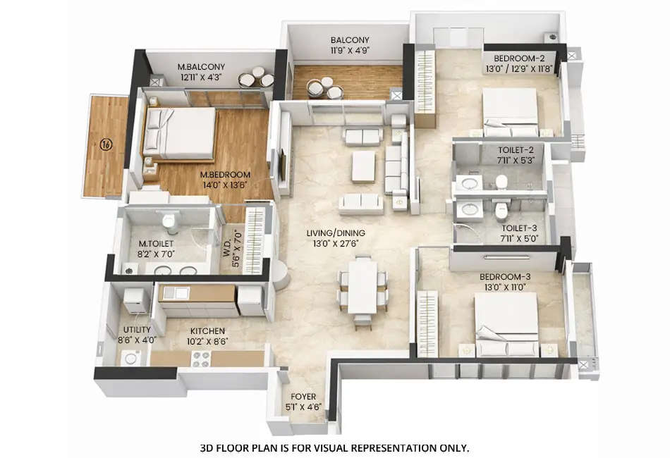 Floor plan for 3 BHK