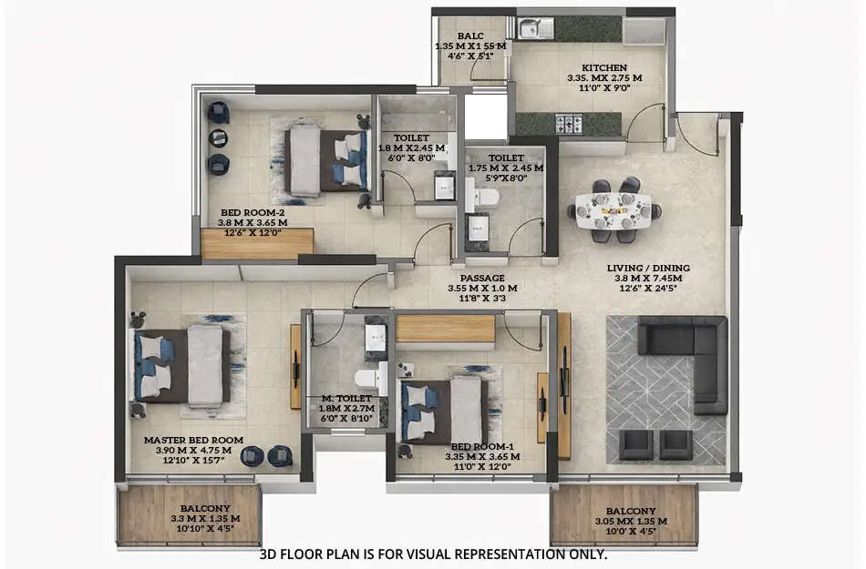 Floor plan for 3 BHK
