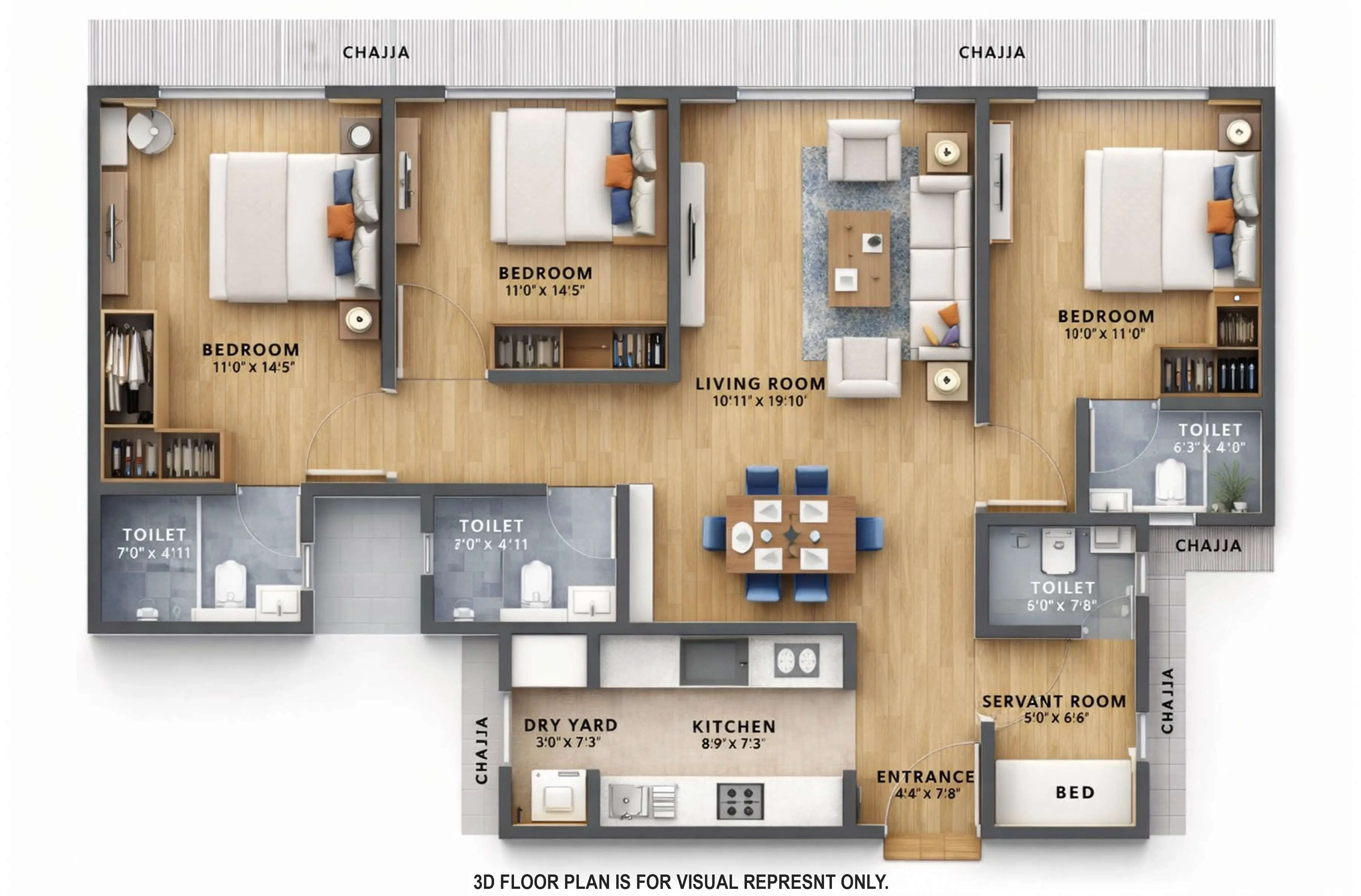 Floor plan for 3 BHK