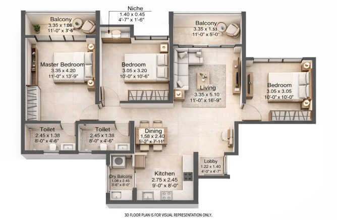 Kohinoor Royale Towers Hinjewadi - Floor plan 3 BHK 954 Sq.ft