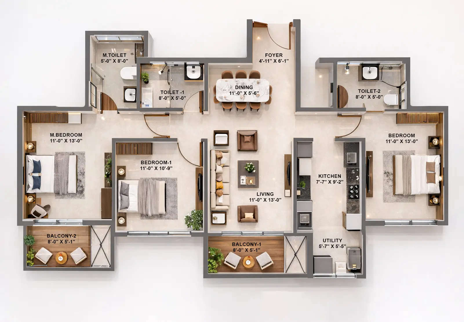 Floor plan for 3 BHK