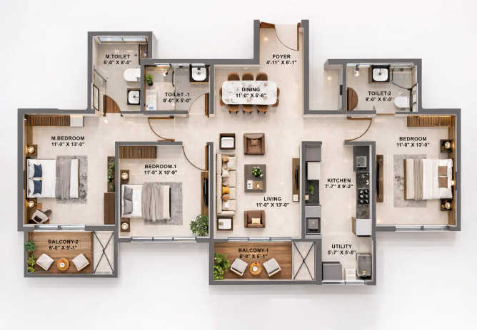 Birla Trimaya Devanahalli - Floor plan 3 BHK 1052 Sq.ft