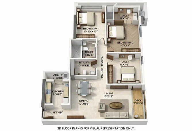 Runwal Zenith Balkum - Floor plan 3 BHK 1141 Sq.ft