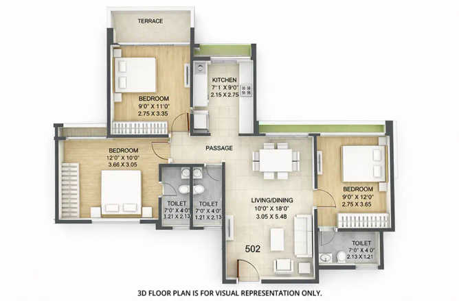Tricity Panache Seawoods - Floor plan 3 BHK 517 Sq.ft