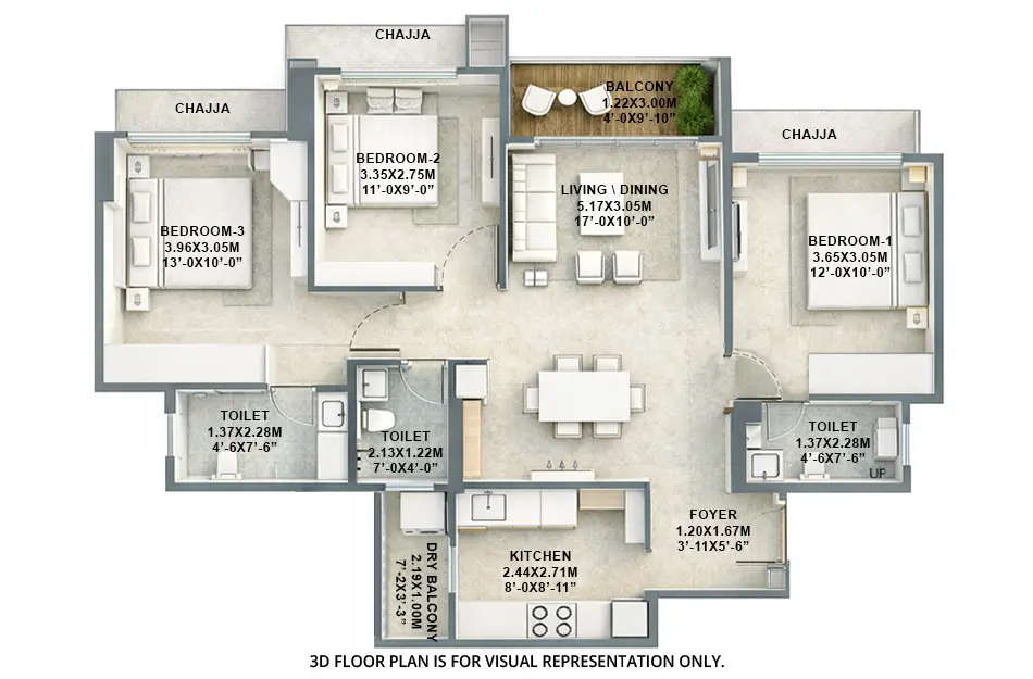 Floor plan for 3 BHK