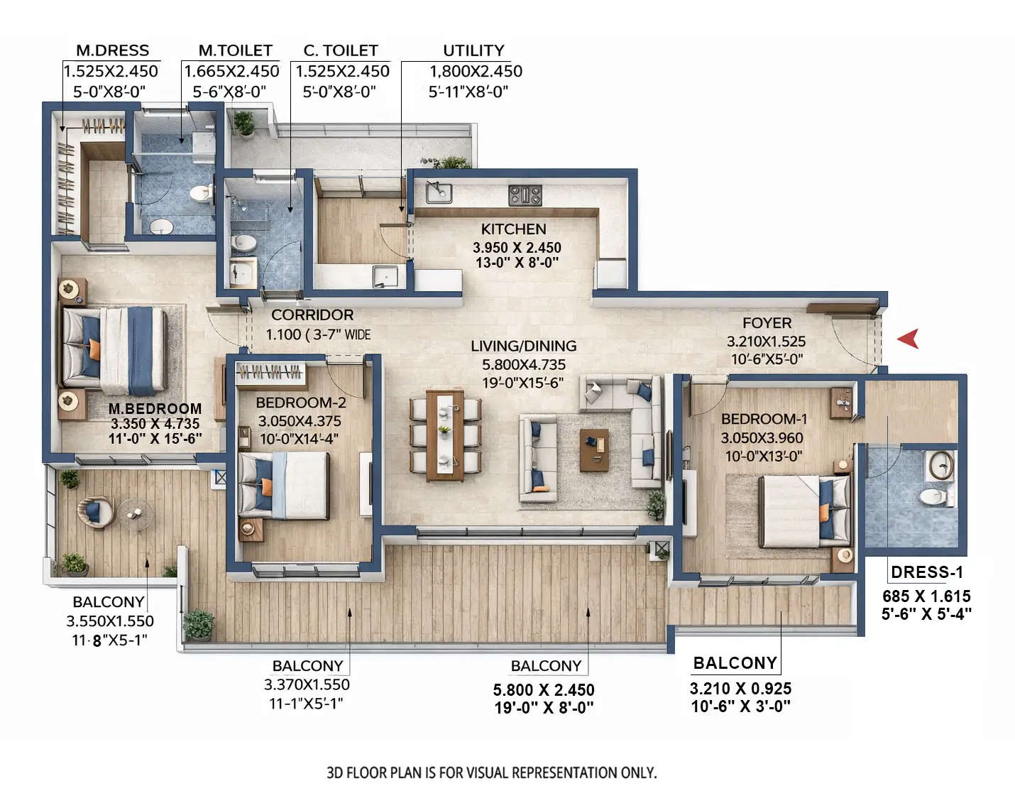Floor plan for 3 BHK