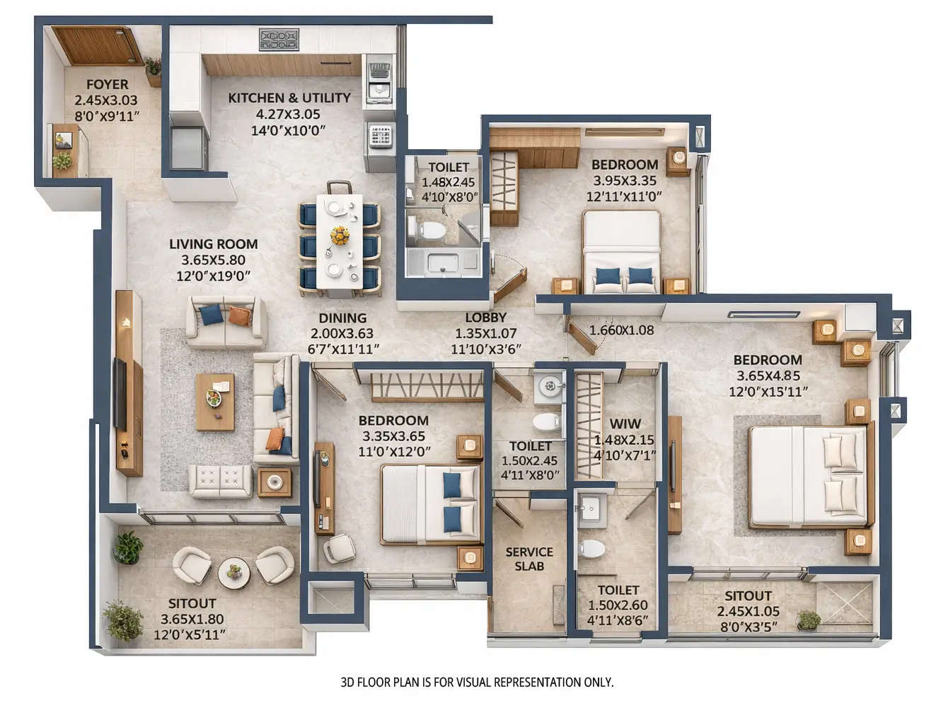 Floor plan for 3 BHK