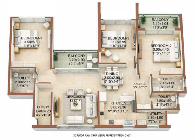 Rohan Ekam Balewadi - Floor plan 3 BHK 1410 Sq.ft