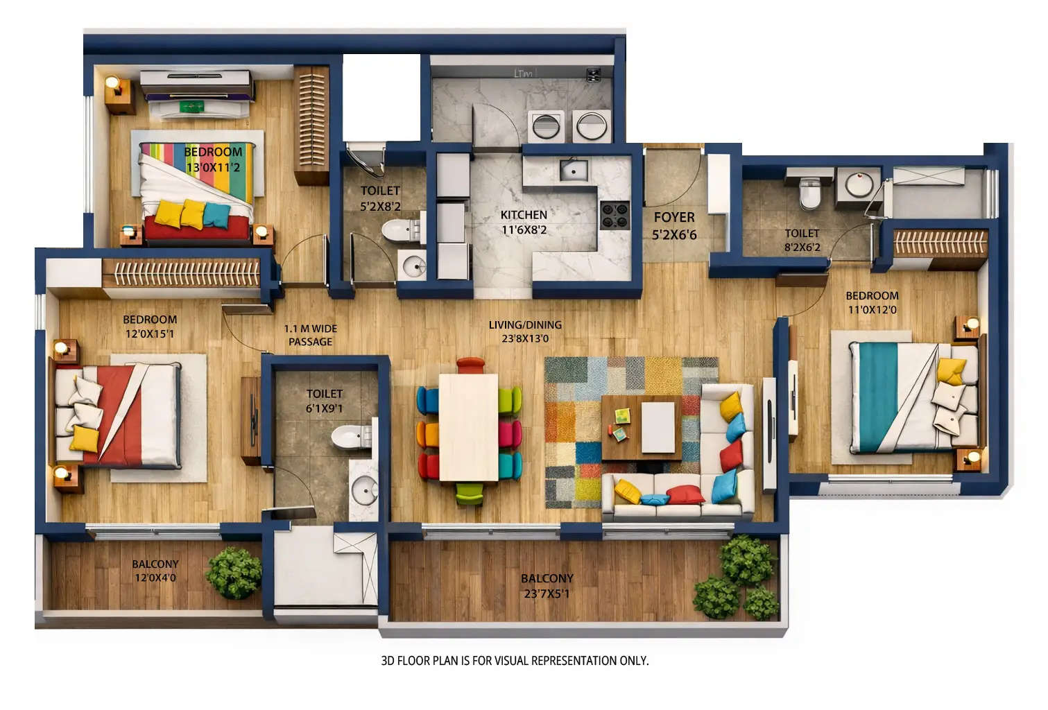 Floor plan for 3 BHK