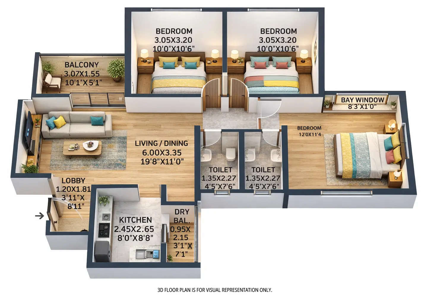 Floor plan for 3 BHK