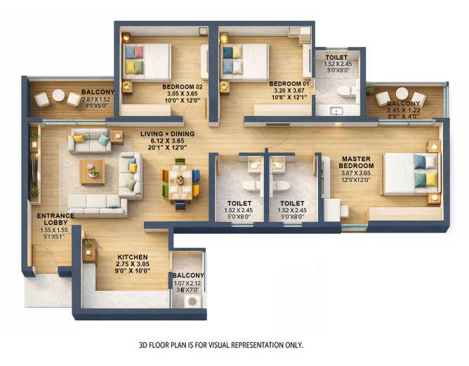 Kolte Patil Life Republic Hinjewadi - Floor plan 3 BHK 1100 Sq.ft
