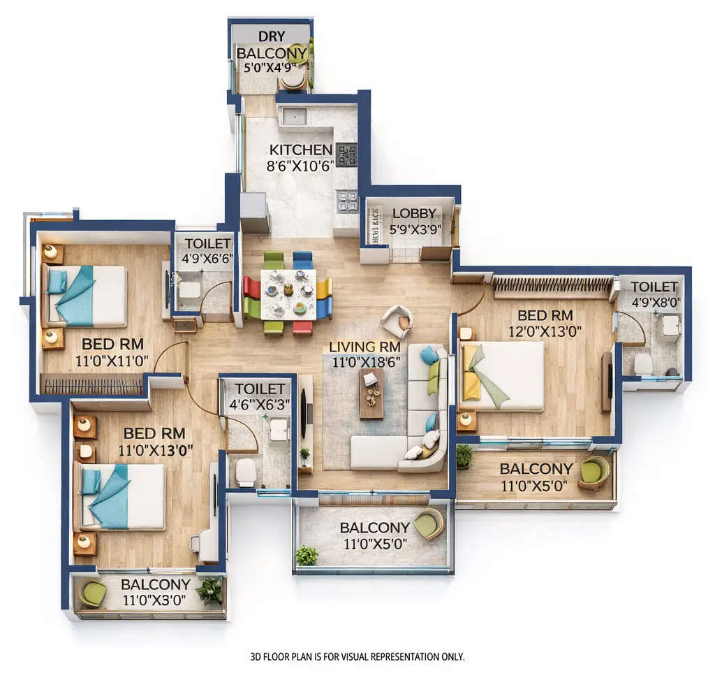 Floor plan for 3 BHK