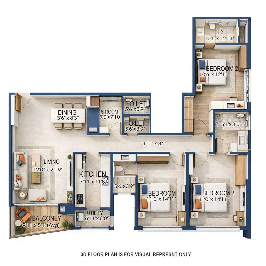 Floor plan for 3 BHK