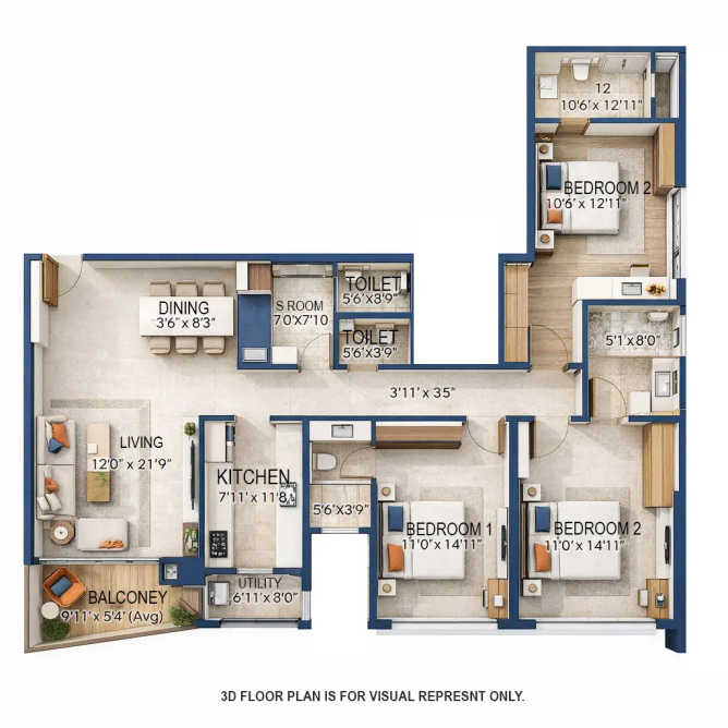 Rustomjee Vista Bay Sewri - Floor plan 3 BHK 1356 Sq.ft
