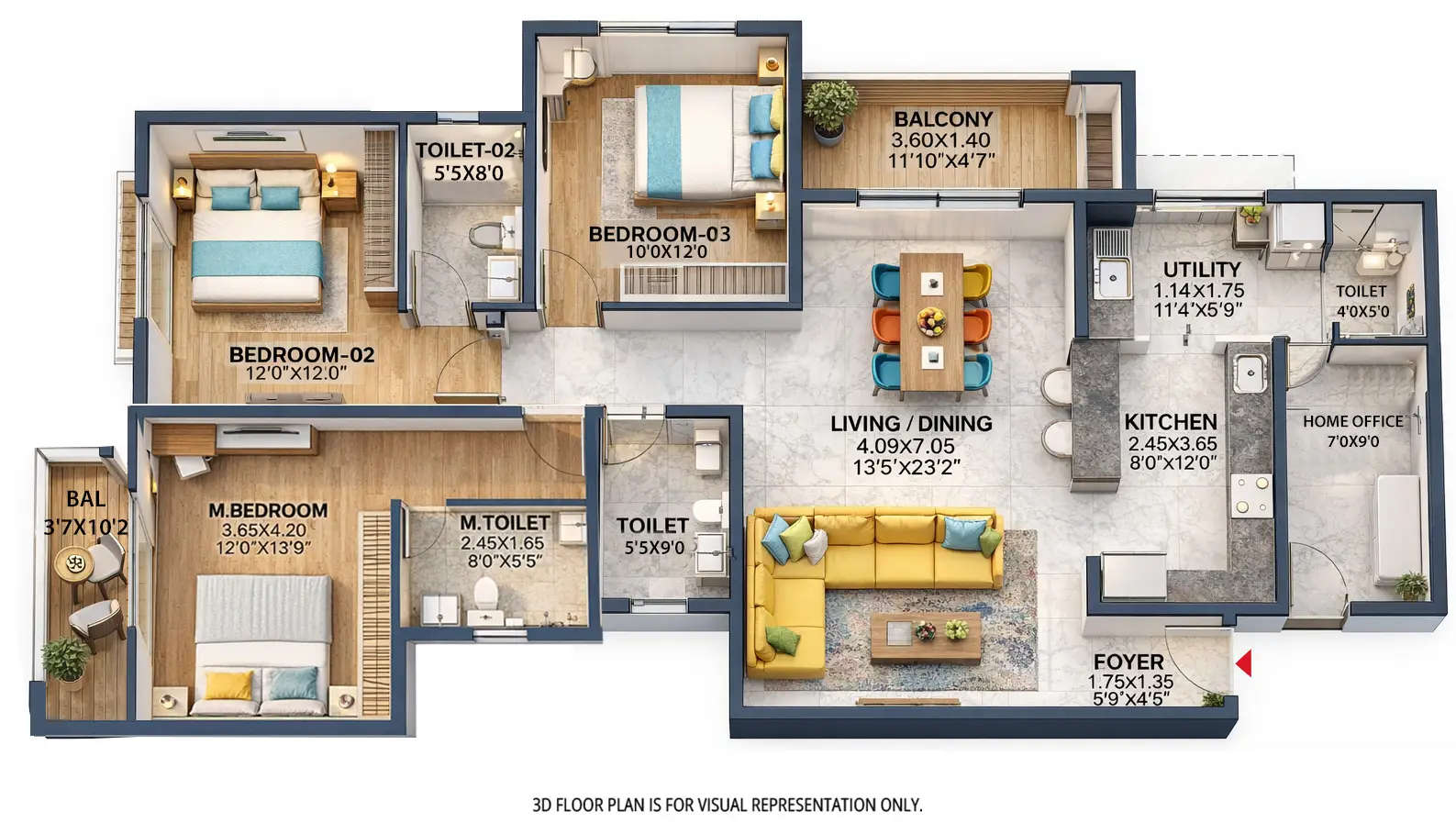 Floor plan for 3 BHK