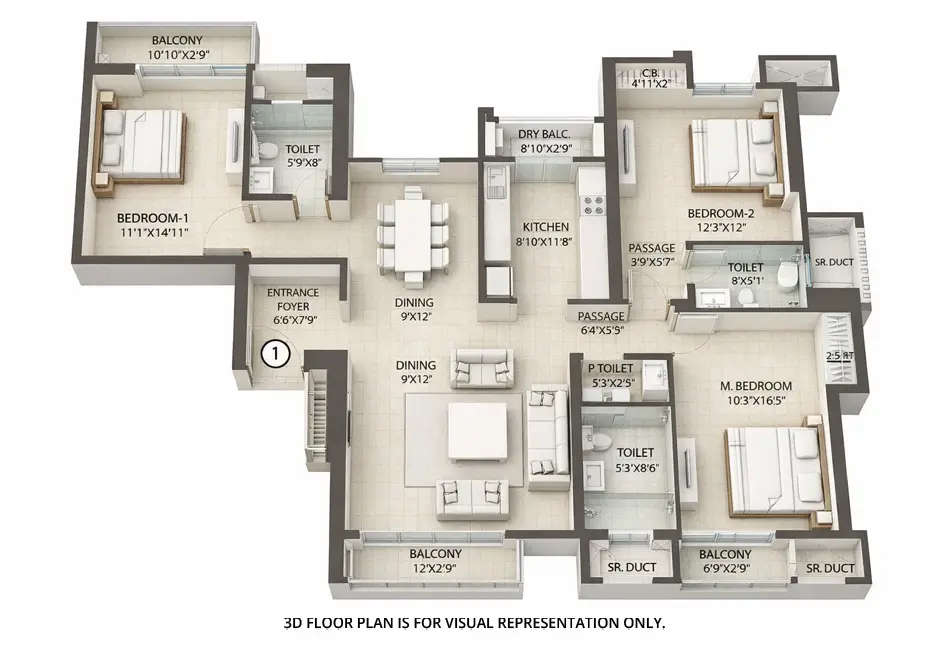 Floor plan for 3 BHK