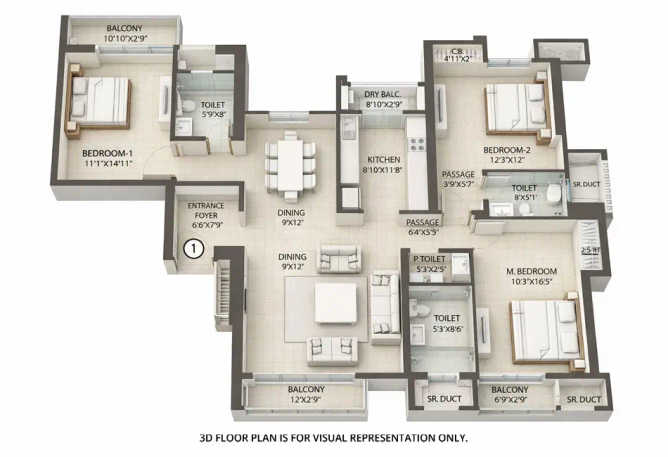Sheth Avalon Majiwada - Floor plan 3 BHK 1975 Sq.ft