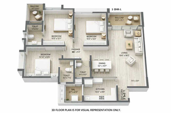 Pride World City Charholi - Floor plan 3 BHK 1070 Sq.ft