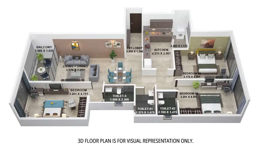 Floor plan for 3 BHK