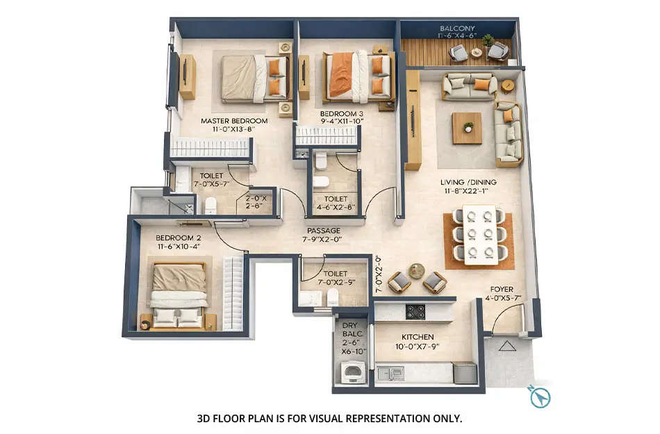 Floor plan for 3 BHK