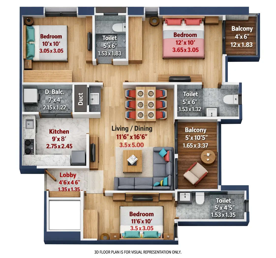 Floor plan for 3 BHK