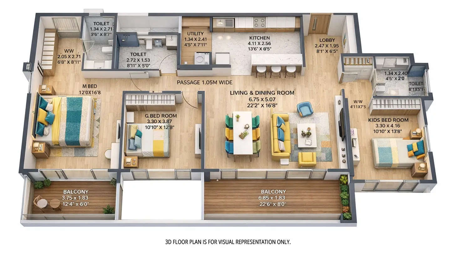 Floor plan for 3 BHK