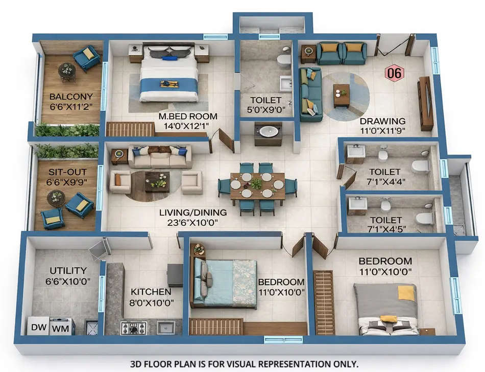 Floor plan for 3 BHK
