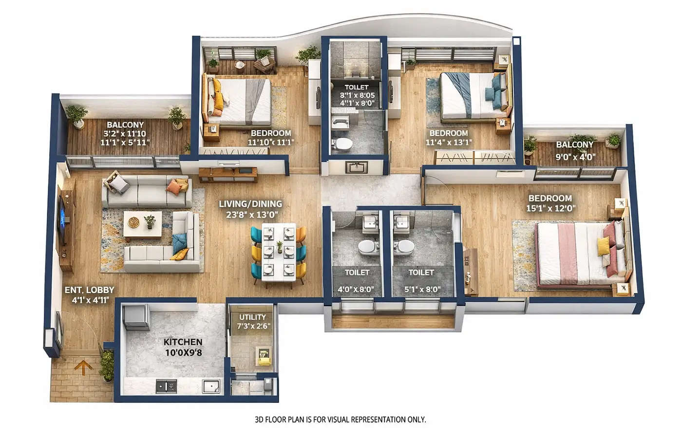 Floor plan for 3 BHK