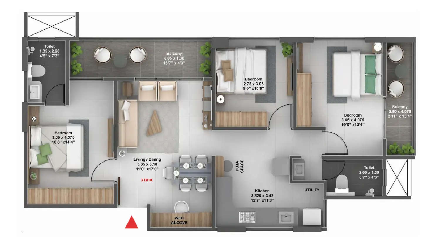 Floor plan for 3 BHK