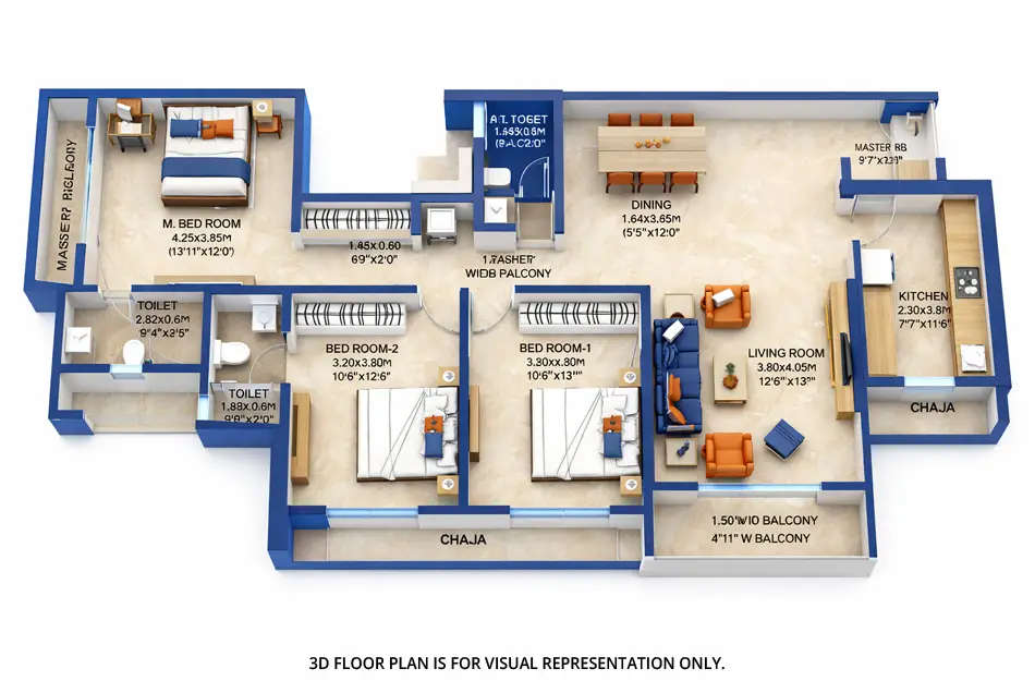 Floor plan for 3 BHK
