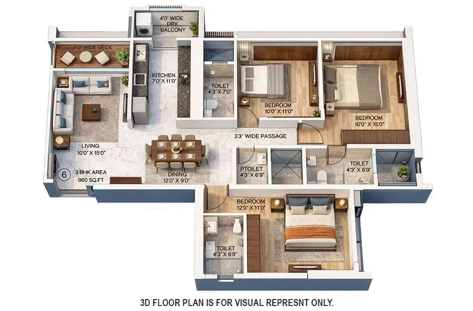 Floor plan for 3 BHK
