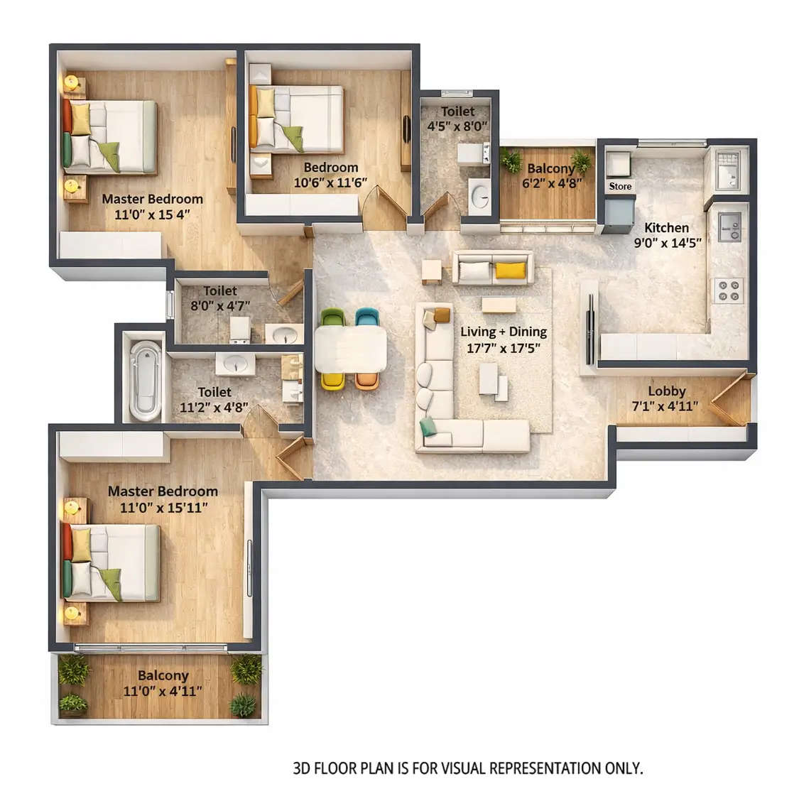 Floor plan for 3 BHK