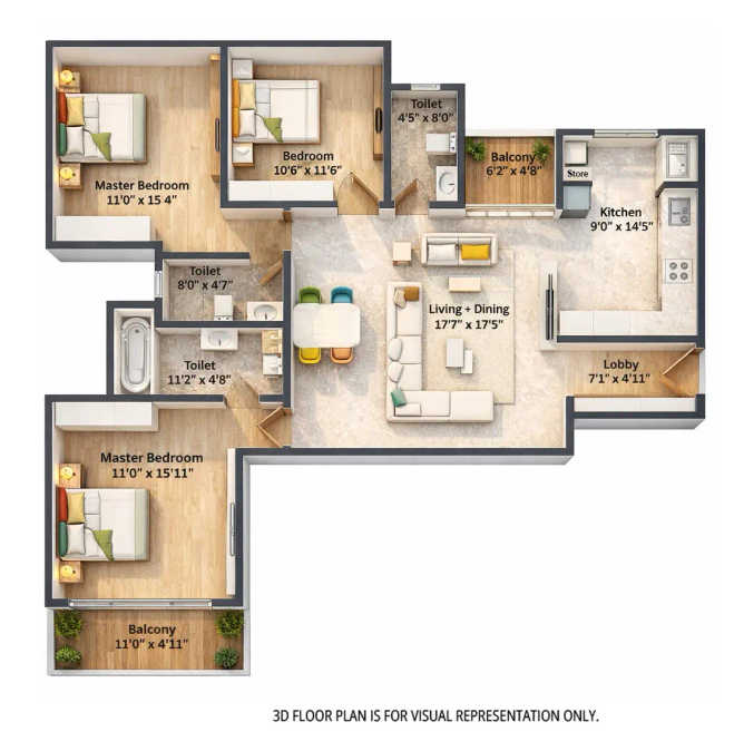 Saheel Itrend Palacio Chinchwad - Floor plan 3 BHK 1236 Sq.ft
