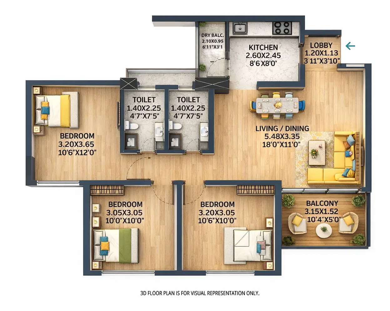 Floor plan for 3 BHK