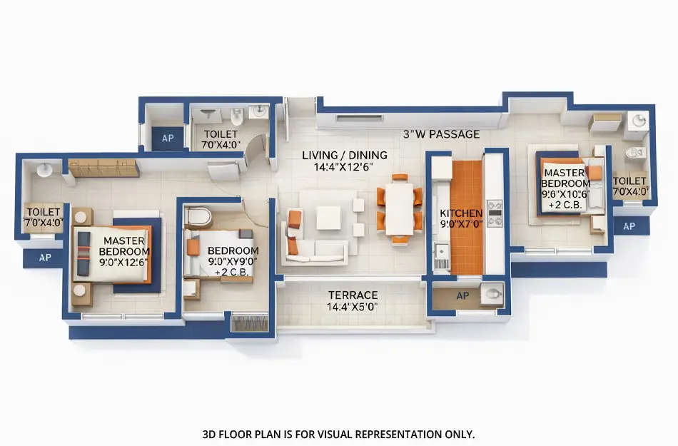 Raunak Golden Ticket Kalyan - Floor plan 3 BHK 740 Sq.ft