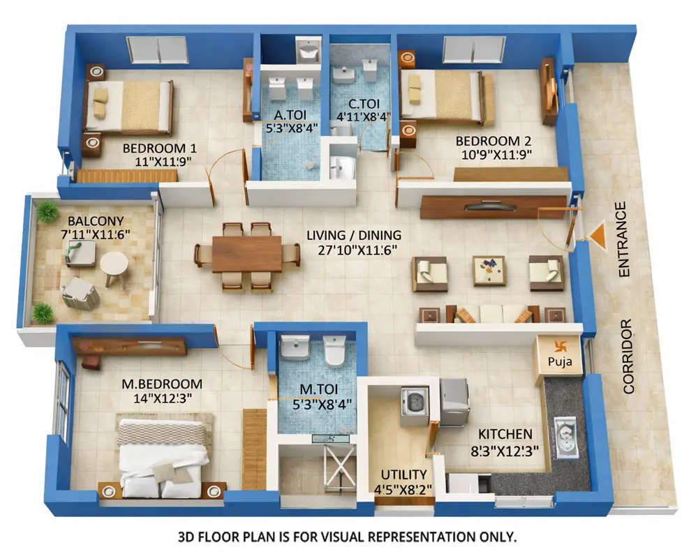 SRIAS Tiara Miyapur - Floor plan 3 BHK 1670 Sq.ft