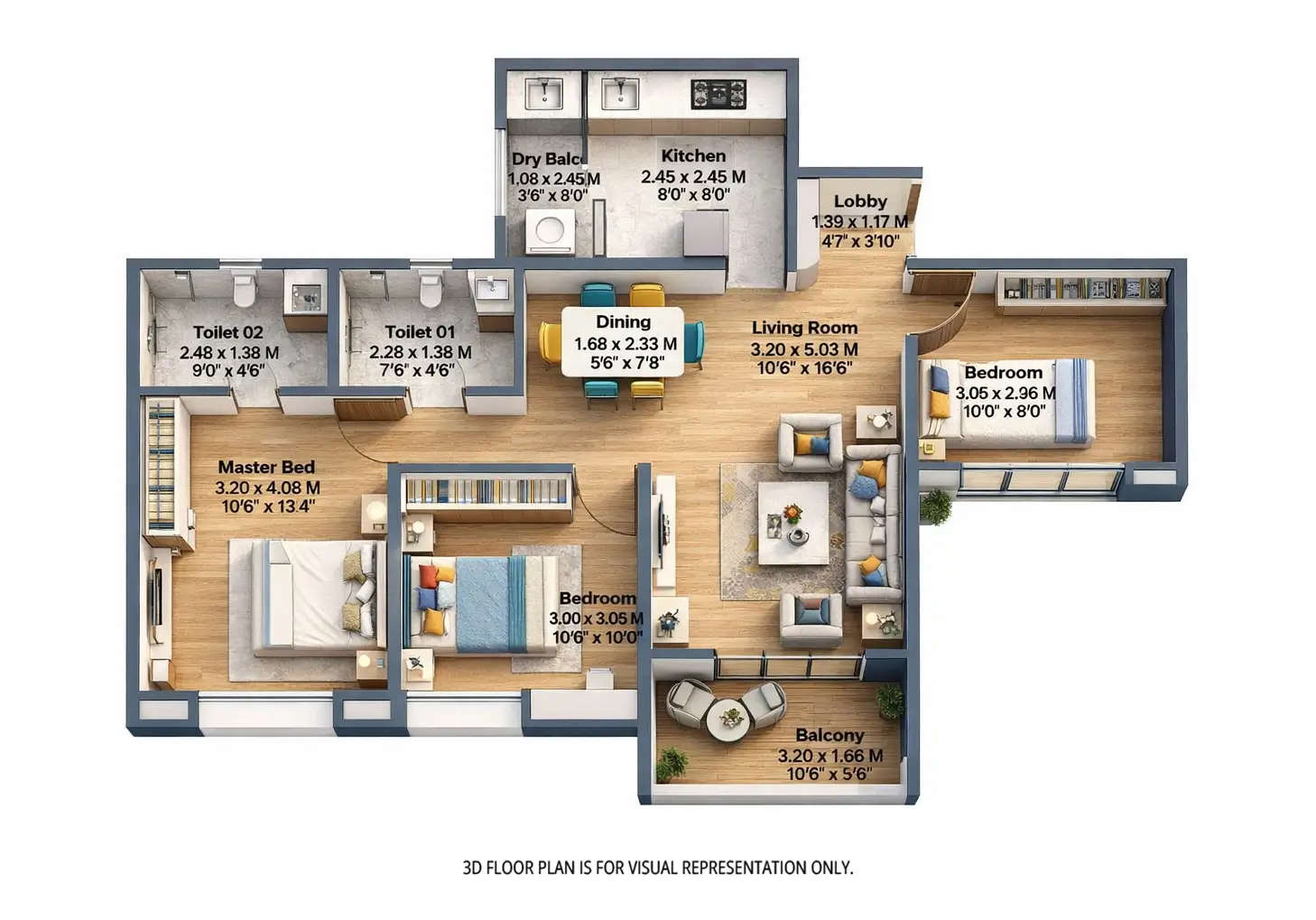 Kohinoor Riverdale Kharadi - Floor plan 3 BHK 852 Sq.ft