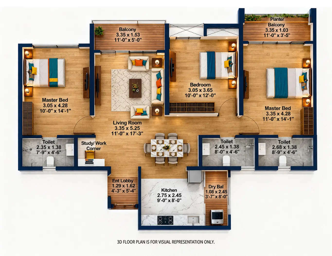 Kohinoor New Wakad Pimpri Chinchwad - Floor plan 3 BHK 1076 Sq.ft
