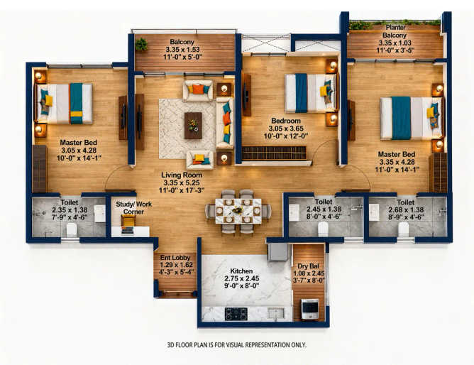 Kohinoor New Wakad Pimpri Chinchwad - Floor plan 3 BHK 1076 Sq.ft