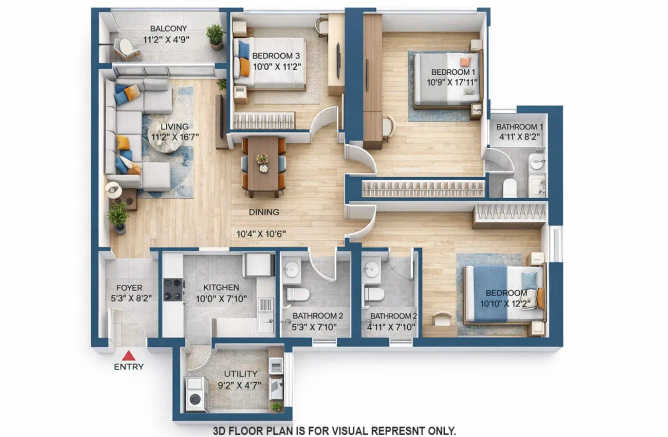 Sobha Inizio Parel - Floor plan 3 BHK 1225 Sq.ft