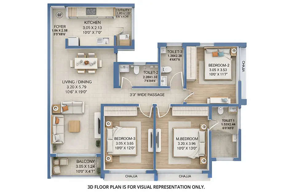 Godrej Green Terraces Panvel - Floor plan 3 BHK 988 Sq.ft