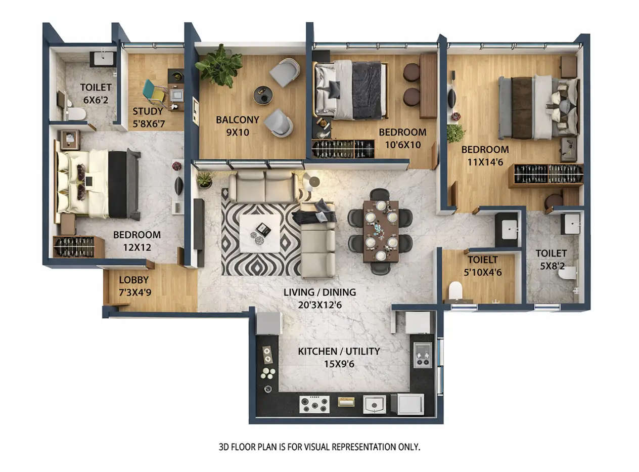 Majestique Evolvus Kharadi - Floor plan 3 BHK 1149 Sq.ft