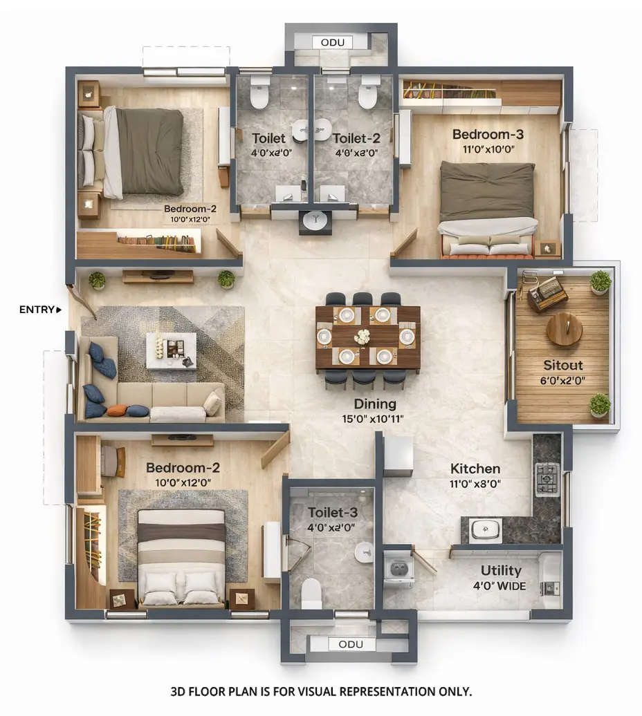 Ramky One Symphony Patancheru - Floor plan 3 BHK 1585 Sq.ft
