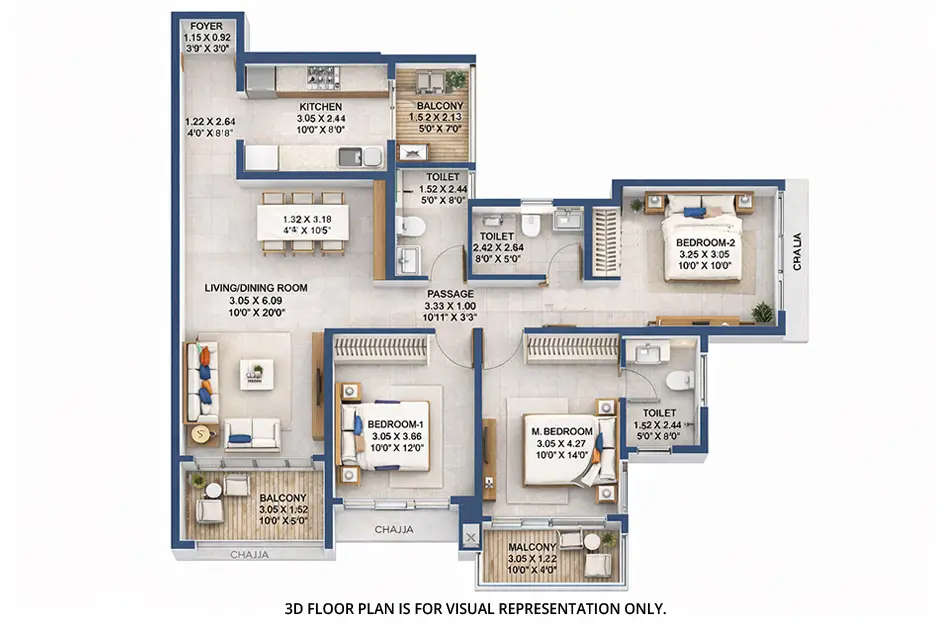 Godrej Varanya Kharghar - Floor plan 3 BHK 1100 Sq.ft