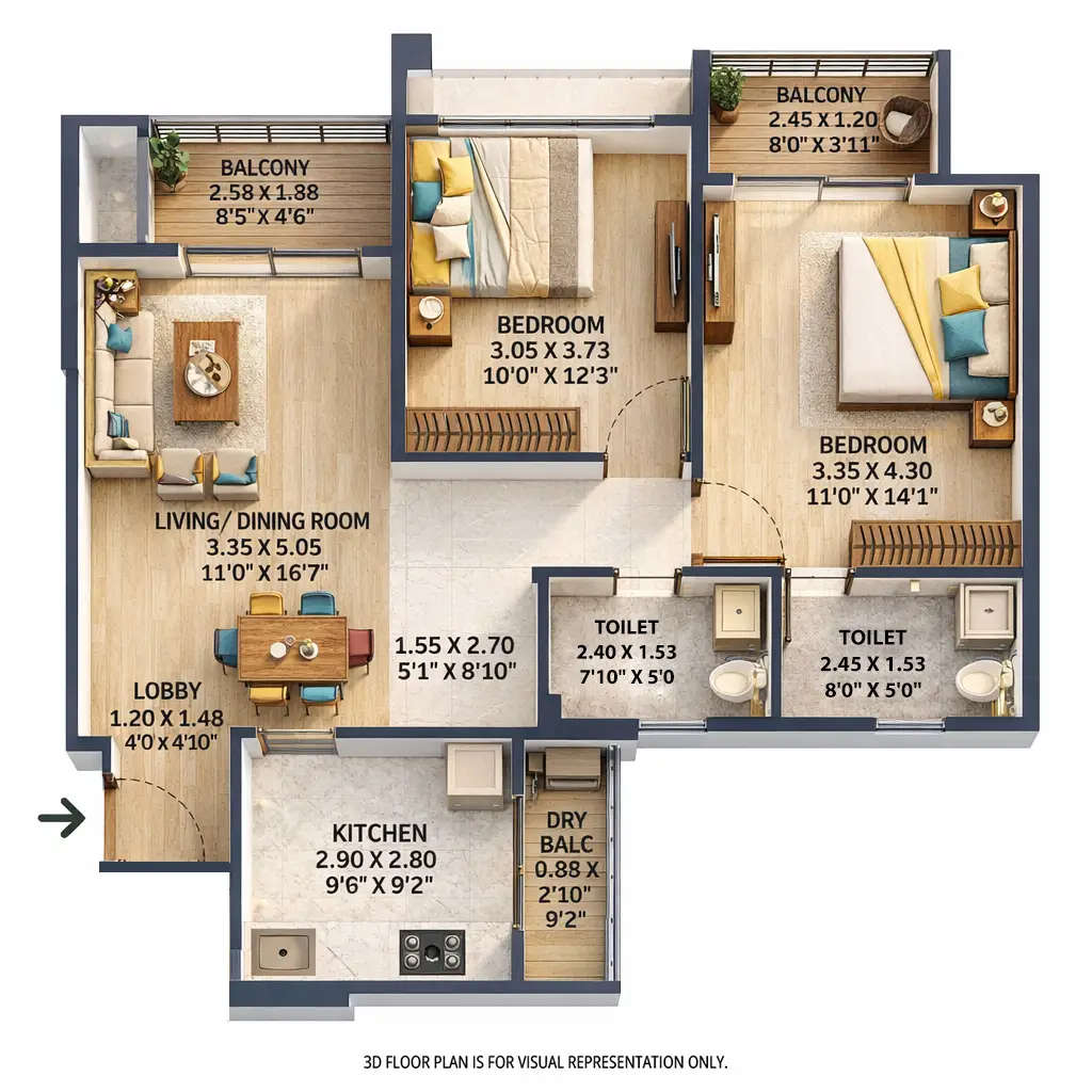 VTP Cielo Bavdhan - Floor plan 2 BHK 855 Sq.ft
