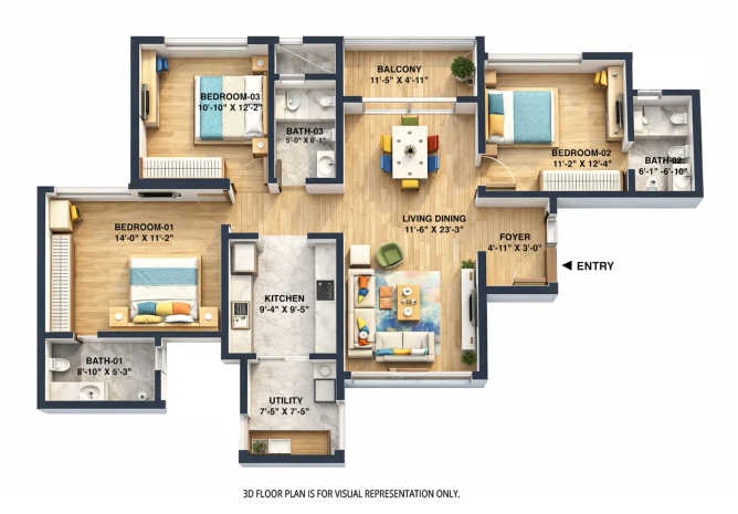 Sobha One World Hoskote - Floor plan 3 BHK 1825 Sq.ft
